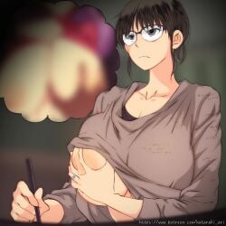 2d 2d_animation animated areola areola_slip areolae arikochama big_breasts black_hair drawing female female_focus female_only fully_clothed glasses grabbing_breasts grabbing_own_breast grey_eyes groping groping_breasts groping_self hataraki_ari huge_breasts imagining large_breasts light-skinned_female light_skin mp4 nipple_bulge no_sound oc original original_character shirt_lift short_hair solo solo_female solo_focus tagme thought_bubble video wedding_ring