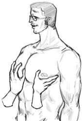 1boy 1other arms bara beard big_pecs biting_lip biting_own_lip black borsalino_(kizaru) disembodied_hand disembodied_hands facial_hair groping human human_only kkkkkkk_0515 light-skinned_male light_skin male male_focus male_nipples male_only monochrome muscular_arms muscular_male neck one_piece pec_grasp pec_squeeze pecs pecs_grab pectoral_grab pectorals sketch smile solo_focus stubble sunglasses sunglasses_only