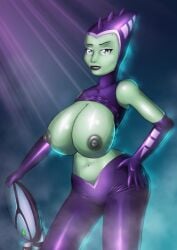 1girls 2021 alien_girl alternate_breast_size breast_expansion breast_grab breasts_out exposed_torso green_hair lazy-a-ile navel nipples ratchet_and_clank rilgarian_(ratchet_and_clank) starlene_(ratchet_and_clank) topless wide_hips