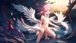 1girl ai_generated angel angel_wings bad_anatomy bad_hands bad_leg bad_wings bare_legs belly_bulge breasts feathered_ears feathered_wings female female_only halo in_water innie_pussy jibril_(no_game_no_life) kemonomimi medium_hair navel necklace no_game_no_life outdoors pink_eyes pink_hair pussy small_breasts solo spead_legs_up stable_diffusion tattoo tattoo_on_legs tentacle tentacles_around tentacles_vaginal trembling water wet_body wings