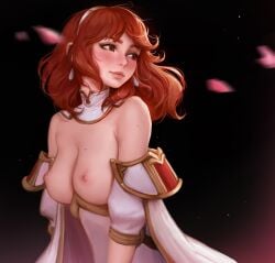 1girls armor breasts cape celica_(fire_emblem) cleavage commentary daria_leonova dark_background dress earrings english_commentary fire_emblem fire_emblem_echoes:_shadows_of_valentia gloves jewelry kittew large_breasts lips long_hair medium_hair nintendo nipples no_bra red_armor red_eyes red_hair smile solo source_request tiara wavy_hair white_armor