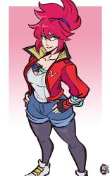 bangs cleavage confident cropped_jacket curvy_female daisy_dukes deepbeef fingerless_gloves green_eyes hands_on_hips happy hi-fi_rush korsica large_breasts leggings looking_at_viewer mature_female ponytail red_hair scruffyturtles video_games