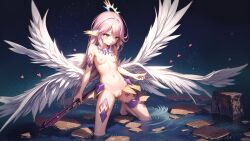 1girl ai_generated angel angel_wings bad_hands bare_legs belly_bulge breasts feathered_ears feathered_wings female female_only halo in_water innie_pussy jibril_(no_game_no_life) kemonomimi long_hair navel necklace no_game_no_life outdoors pink_eyes pink_hair pussy small_breasts solo spead_legs_up stable_diffusion tattoo tattoo_on_legs tentacle tentacles_around tentacles_vaginal trembling water wet_body wings