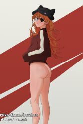 1girls ass ass_focus asuka_langley_sohryu black_eyepatch borobon_art bottomless breasts eyepatch female female_ass female_only human jacket light-skinned_female light_skin long_hair looking_at_viewer looking_back neon_genesis_evangelion orange_hair rebuild_of_evangelion solo straight_hair