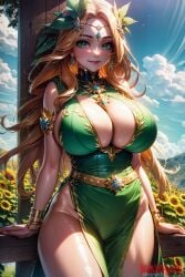 ai_generated big_breasts blonde_hair cleavage elf female green_eyes green_leaves green_outfit jewelry kosmos1s large_breasts stable_diffusion sunflowers voluptuous_female