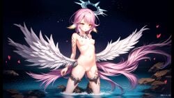 1girl ai_generated angel angel_wings bare_legs belly_bulge breasts cams feathered_ears feathered_wings female female_only halo heart in_water jibril_(no_game_no_life) kemonomimi long_hair navel necklace no_game_no_life nude outdoors pink_eyes pink_hair pussy small_breasts solo spead_legs_up stable_diffusion tattoo tattoo_on_legs tentacle tentacles_around tentacles_vaginal trembling water wet_body wings