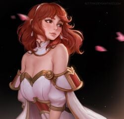 1girls armor breasts cape celica_(fire_emblem) cleavage commentary daria_leonova dark_background dress earrings english_commentary fire_emblem fire_emblem_echoes:_shadows_of_valentia gloves jewelry kittew large_breasts lips long_hair medium_hair nintendo nipples no_bra red_armor red_eyes red_hair smile solo tiara wavy_hair white_armor