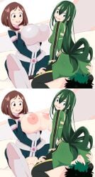 1boy 2girls ass balls big_ass big_butt big_penis blush bodysuit brown_eyes brown_hair female_human froppy hero_outfit_(mha) huge_ass human izuku_midoriya light-skinned_female light_skin long_hair looking_back my_hero_academia ochako_uraraka ochako_uraraka_(hero_outfit) penetration penis pussy sex shiny_skin short_hair sombra222 straight_hair superhero_costume superheroine teenage_girl teenager testicles thick_thighs thighs torn_bodysuit torn_clothes tsuyu_asui vaginal_penetration veiny_penis white_background