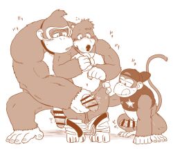 3boys anthro ape balls banjo-kazooie banjo_(banjo-kazooie) bear boner bottomwear chimpanzee clothed clothing diddy_kong donkey_kong donkey_kong_(series) erection flaccid gay genitals gorilla group group_sex handjob haplorhine hat headgear headwear licking licking_lips male male/male male_only mammal moku_nameko monochrome navel necktie nintendo pan_(genus) partially_clothed pecs penile penis primate rareware sex shorts shorts_down size_difference threesome tongue tongue_out trio