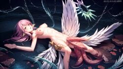 1girl ai_generated angel angel_wings bad_hands bare_legs belly_bulge breasts cams feathered_ears feathered_wings female female_only halo heart in_water jibril_(no_game_no_life) kemonomimi long_hair navel no_game_no_life nude outdoors pink_eyes pink_hair pussy small_breasts solo spead_legs_up stable_diffusion tattoo tattoo_on_legs tentacle tentacles_around tentacles_vaginal trembling water wet_body wings