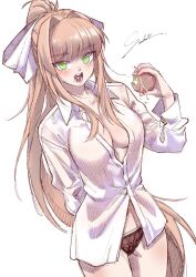 1girls apple apple_(fruit) big_bow big_breasts black_panties blush bow breasts cleavage doki_doki_literature_club eating female food fruit green_eyes hair_intakes horneebogor7709 long_hair monika_(doki_doki_literature_club) open_mouth open_mouth panties pixiv senukin_(artist) signature white_background