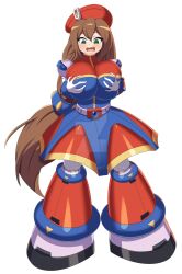 1girls alternate_breast_size android atz-zukin beret big_breasts blush breast_grab brown_hair female green_eyes hat iris_(mega_man) large_breasts long_hair mega_man mega_man_x mega_man_x_dive robot robot_girl solo surprised very_long_hair watermark