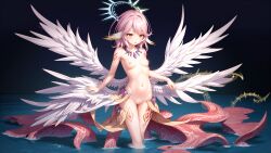 1girl ai_generated angel angel_wings belly_bulge breasts feathered_ears feathered_wings female female_only halo in_water innie_pussy jibril_(no_game_no_life) kemonomimi medium_hair navel necklace no_game_no_life outdoors pink_eyes pink_hair pussy small_breasts solo spead_legs_up stable_diffusion tattoo tentacle tentacles_around tentacles_vaginal trembling water wet_body wings