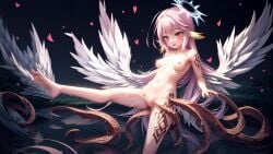 1girl ai_generated angel angel_wings bad_anatomy bad_feet bad_hands bare_legs belly_bulge breasts cams feathered_ears feathered_wings female female_only halo heart in_water jibril_(no_game_no_life) kemonomimi long_hair navel no_game_no_life nude outdoors pink_eyes pink_hair pussy small_breasts solo spead_legs_up stable_diffusion tattoo tattoo_on_legs tentacle tentacles_around tentacles_vaginal trembling water wet_body wings