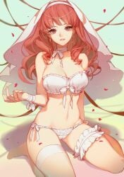 1girls arm_at_side arm_garter bra breasts breasts_apart brown_eyes cameltoe celica_(fire_emblem) choker earrings fire_emblem fire_emblem_echoes:_shadows_of_valentia garter hairband jewelry long_hair looking_at_viewer medium_breasts navel nipples panties pantsu parted_lips petals princess red_hair ribbon ribbon_choker ring royalty side-tie_panties simple_background single_thighhigh sitting smile solo songjikyo source_request string_panties teenage_girl teenager thighhighs underwear underwear_only veil wariza white_panties white_thighhighs wrist_ribbon