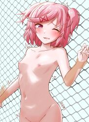 1girls 5_fingers artist_name blush blush_lines breasts brolymatsumoto_(artist) chain_links chains disembodied_hands doki_doki_literature_club female fence heart-shaped_pupils motion_lines natsuki_(doki_doki_literature_club) navel nipples one_eye_closed open_mouth pink_eyes pink_hair pink_nipples small_breasts tears