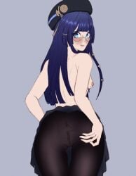 1girls 2d 2d_(artwork) ass beret black_tights blue_eyes blue_hair blush breasts commando digital_media_(artwork) female female_focus female_only glasses hat honkai:_star_rail light-skinned_female light_skin long_hair looking_back lustslushie mole mole_on_breast nipples no_panties pale-skinned_female pale_skin pantyless pela_(honkai:_star_rail) pussy round_glasses see_through skirt skirt_lift skirt_up solo solo_female solo_focus straight_hair tights topless