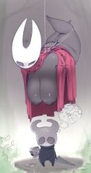 1boy 1girls ? annoyed arms_behind_back ass big_breasts black_body black_skin breasts clothing dark-skinned_female dark_skin female hanging hollow_knight hood hornet_(hollow_knight) looking_down mask missing_poster nipples outerwear protagonist_(hollow_knight) restrained sagging_breasts string tears thick_thighs tied_up unyin weapon