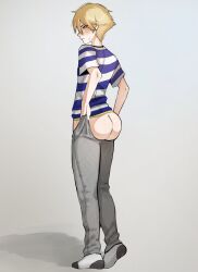 1boy ass big_ass blonde_hair blush femboy male male_only megamilkwhite persona persona_4 pulling_up_pants striped_shirt struggling_to_fit teddie teddie_(persona) twink