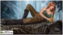 boots bryce_dallas_howard claire_dearing clothed clothing dinosaur jungle jurassic_world looking_at_viewer plushie red_hair rzhevskii