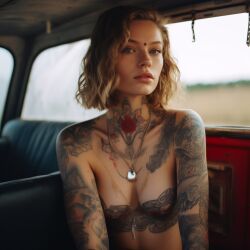 ai_generated blonde_hair breasts car day daytime depth_of_field exposed_breasts forehead_mark midjourney necklace photorealism red_dot rose scar tagme tattoos wavy_hair