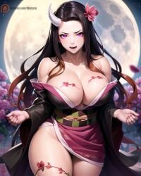 1girls 2023 aged_up ai_generated angry bare_shoulders big_breasts black_hair body_markings breasts breasts_bigger_than_head brown_hair cleavage clothed_female clothing_pull demon demon_girl demon_horns demon_slayer detailed fangs female female_only flower full_moon glowing_eyes hi_res hips horn huge_breasts illumaru kamado_nezuko kimetsu_no_yaiba kimono large_breasts long_hair long_nails multicolored_hair nails no_panties open_mouth orange_hair outside pink_eyes pink_kimono purple_eyes red_nails single_horn slim_waist slit_pupils solo stable_diffusion standing thick_thighs thighs two_tone_hair wide_hips