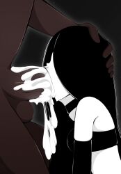 2023 artist_name black_hair bra choker creamy_cum cum cum_in_mouth dark-skinned_male fellatio female female_focus ghost ghost_girl gloves hair_over_eyes head_grab interracial long_hair oc oral original_character pale-skinned_female simple_background white_body zonen404