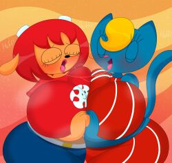 2girls 3barts anthro big_breasts blonde_hair blush cat_ears cat_tail closed_eyes feline female female_only katy_kat kissing lammy_lamb lipstick parappa_the_rapper red_hair saliva_string sheep sony_interactive_entertainment thick_thighs tongue tongue_out um_jammer_lammy wide_hips