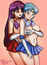 2girls ami_mizuno bishoujo_senshi_sailor_moon blue_bow blue_eyes blue_skirt bow breast_grab breasts choker clothing earrings female female_only groping holding_hands jewelry lips lipstick magical_girl makeup minacream miniskirt multiple_girls navel nipples pleated_skirt purple_bow red_skirt rei_hino sailor_mars sailor_mercury short_hair simple_background skirt small_breasts star_(symbol) star_earrings topless yuri