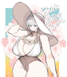 big_breasts blue_eyes breasts flower_necklace huge_breasts koura_higure light-skinned_female neck_ribbon short_hair summer tagme thick_thighs thin_waist white_hair white_skin wide_hips