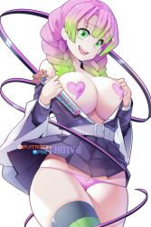 1girls breasts demon_slayer female female_only green_eyes green_hair heart-shaped_pasties heart_pasties hips hotvr huge_breasts kanroji_mitsuri kimetsu_no_yaiba light-skinned_female light_skin panties pasties pink_hair pink_heart_pasties pink_pasties short_hair smile solo sword thick_thighs thighs weapon wide_hips