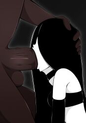 2023 artist_name black_hair bra choker dark-skinned_male fellatio female female_focus ghost ghost_girl gloves hair_over_eyes head_grab interracial long_hair oc oral original_character pale-skinned_female simple_background white_body zonen404