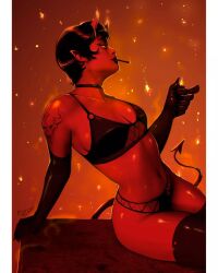 1girls 2023 aleksandrgav black_hair demon demon_girl demon_horns demon_tail hi_res latex_gloves latex_thighhighs original original_character red_body short_hair smoking_cigarette voluptuous voluptuous_female