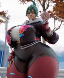 1girls 3d blizzard_entertainment bottom_heavy clothed coolmaster98 donut female green_hair hyper hyper_ass kiriko_(overwatch) overwatch overwatch_2 voluptuous