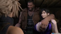 1girls 2boys 3d ass barret_wallace big_ass big_breasts cleavage cloud_strife dark-skinned_male dark_hair dark_skin final_fantasy final_fantasy_vii groping hugging interracial netorare renilarts3dx smooth_skin tifa_lockhart upskirt