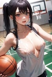 ai_generated anime_style basketball breasts ponytail see-through see-through_clothing self_upload singlet soaked_clothes sweat sweating