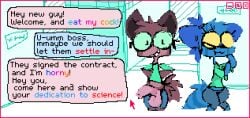 animated anthro balls big_balls big_penis blue_body brown_body duo eyewear female genitals glasses laboratory male original_characters penis roksim story story_in_description text_box videogame_setting