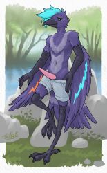 absurd_res anthro avian avian_penis beak beak_piercing bird blue_body blue_hair bottomwear cade_harrow claws clothed clothing corvid corvus_(genus) crow dark_body dark_skin digital_media_(artwork) exhibitionism facial_piercing feather_markings feathered_wings feathers feet forest forest_background furgonomics furry-specific_piercing genitals grass hair hi_res male male_only markings multicolored_body multicolored_feathers nature nature_background nude oscine outside partially_clothed passerine penis piercing plant pulling_pants_down river rock shorts slim smile solo tail tailbyte talons tapering_penis tree tuft underwear underwear_down water wings yellow_eyes