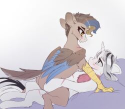 1boy blush brown_fur female female_on_top friendship_is_magic gertrude hasbro hi_res hippogriff horn hybrid looking_at_each_other looking_at_partner my_little_pony nsilverdraws on_back on_bed original_character scar smooth_skin stallion unicorn unicorn_horn white_fur wings yiazmat