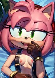 1girls 5_fingers ai_generated amy_rose anthro black_rose_(sonic_prime) breasts breasts_out eulipotyphlan female female_only gloves green_eyes hairband hedgehog jewelry mammal mobian_(species) nipples open_mouth pink_fur pink_hair pixai scarf scut_tail sea short_hair solo sonic_(series) sonic_prime toony