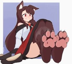 barefoot brown_hair claws ear_fluff feet giantess kagerou_imaizumi paws red_eyes sekibanki sharp_toenails shoes_removed softhanten touhou werewolf