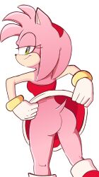 accessory amy_rose anthro ass boots bracelet clothed clothing clothing_lift dress dress_lift eulipotyphlan female footwear fur gloves green_eyes hair_accessory hairband handwear hedgehog hi_res jewelry looking_back mammal no_underwear pink_body pink_fur sega solo sonic_(series) sonic_the_hedgehog_(series) whitesexybunny1