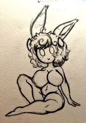 absurd_res big_breasts bovid breasts caprine chibi female hair hi_res horn lagomorph leporid mammal rabbit sheebi sheebibites sheep simple_background slightly_chubby smile solo thick_thighs traditional_media_(artwork)