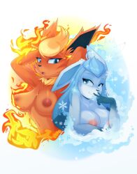 anthro areola breasts duo eeveelution female fire_and_ice flareon generation_1_pokemon generation_4_pokemon glaceon hi_res nintendo nipples nude orange_areola orange_nipples pink_areola pink_nipples pokemon pokemon_(species) spicyredfox