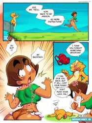 1boy 1girls backpack bag clothing comic comic_page dark_skin dialogue dora_the_explorer english_text female footwear human lora_(r_ex) male r_ex tagme