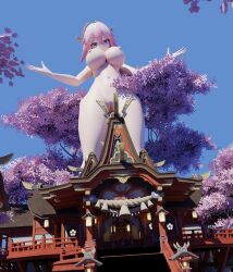 3d_(artwork) alternate_breast_size big_breasts bigger_female genshin_impact giantess goolba huge_breasts larger_female macro naked pink_hair yae_miko