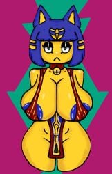 absurd_res animal_crossing anthro areola bell big_areola big_breasts big_nipples bikini bikini_top blue_hair bottomwear breasts cloth clothing collar domestic_cat egyptian felid feline felis female fur gold_(metal) gold_jewelry golden_clothing hair hi_res ineffective_clothing jewelry jojispoon88 loincloth mammal navel nintendo nipple_outline nipples pinup pose solo swimwear thick_thighs yellow_body yellow_fur