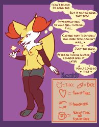 absurd_res anthro arm_warmers armwear ass big_butt braixen breasts canid canine clothing female fennec fox generation_6_pokemon genitals growth_drive hi_res inner_monologue legwear magic mammal nintendo nokamiwd pokemon pokemon_(species) pussy small_breasts solo stockings text thick_thighs