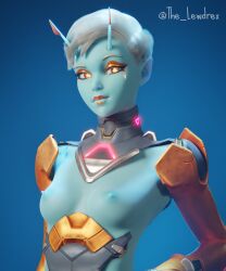 1girls 3d abs alien alternate_version_available antennae_(anatomy) areolae armor armwear athletic athletic_female blender blue_background blue_skin breasts breasts_out close-up epic_games fortnite freckles freckles_on_face glowing glowing_eyes hand_on_waist highres joey_(fortnite) lewdrex looking_at_viewer medium_breasts nipples pose posing presenting presenting_breasts simple_background smile smiling standing topless topwear watermark