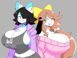 2girls :3 big_breasts breasts canine choker cleavage cowboy_shot dog duo female hairbow holly_applebee looking_at_viewer maggie_applebee mother_and_child mother_and_daughter multiple_girls rosy_cheeks smile theycallhimcake